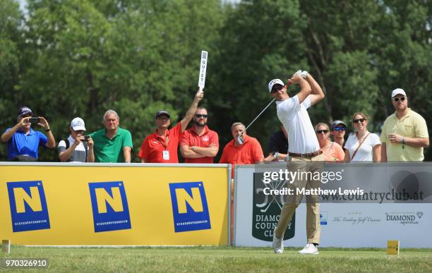 Nicolas Colsaerts of Belgium tees off on the 7th hole during day three of the 2018 Shot Clock Masters at Diamond Country Club on June 9, 2018 in...