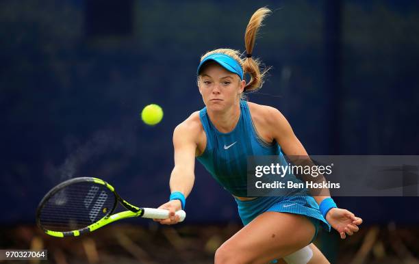 Katie Swan of Great Britain hits a forehand during her qualifying match against Abigail Tere-Apisah of Papua New Guinea on Day One of the Nature...
