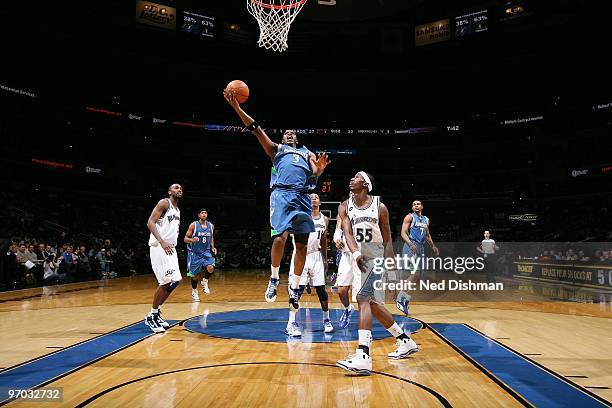 Damien Wilkins of the Minnesota Timberwolves drives to the basket against Josh Howard of the Washington Wizards during the game on February 17, 2010...