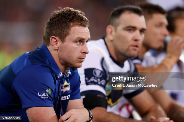 Michael Morgan of the Cowboys looks on from the bench during the round 14 NRL match between the Parramatta Eels and the North Queensland Cowboys at...