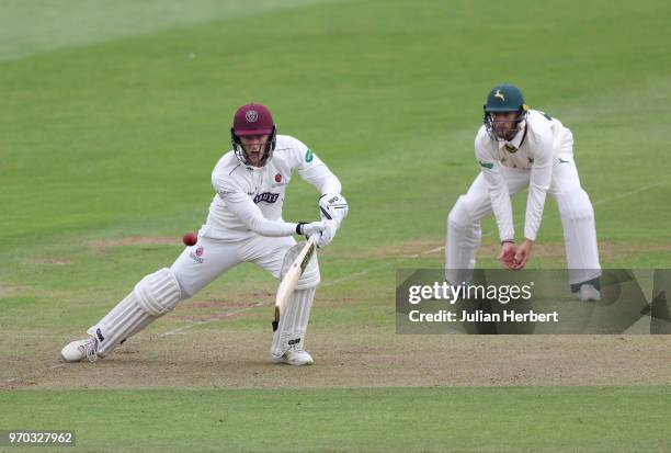 Billy Root of Nottinghamshire looks on as George Bartlett of Somerset bats during day one of the Specsavers County Championship Division One match...