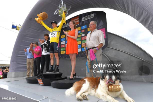 Podium / Geraint Thomas of Great Britain and Team Sky Yellow Leader Jersey / Celebration / Thomas Voeckler of France ASO / Saint Bernard rescue dog /...