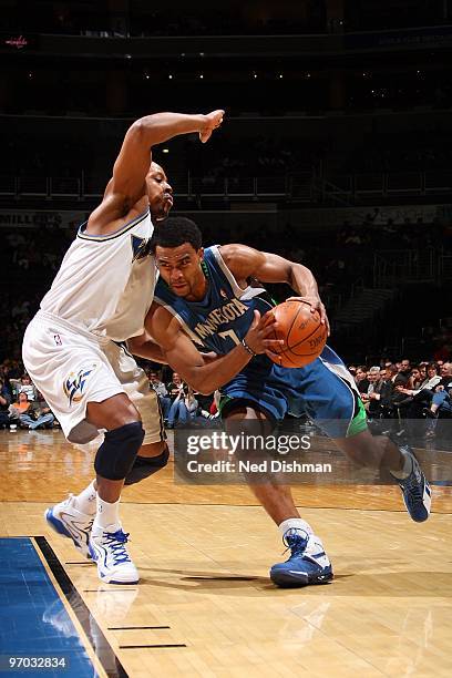 Ramon Sessions of the Minnesota Timberwolves drives against Randy Foye of the Washington Wizards during the game on February 17, 2010 at the Verizon...