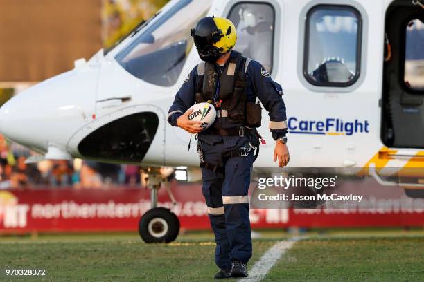 The match ball is delivered by a Care Flight helicopter during the round 14 NRL match between the Parramatta Eels and the North Queensland Cowboys at...