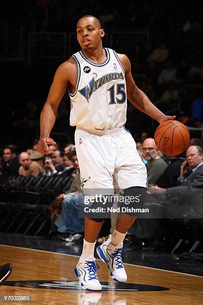 Randy Foye of the Washington Wizards handles the ball against the Minnesota Timberwolves during the game on February 17, 2010 at the Verizon Center...