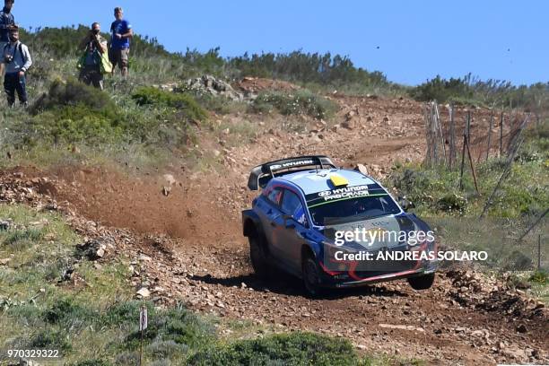 Andreas Mikkelsen of Norway and co-driver Anders Jaeger Synnevaag, steer their Hyundai i20 Coupe WRC, during the third day of the 2018 FIA World...