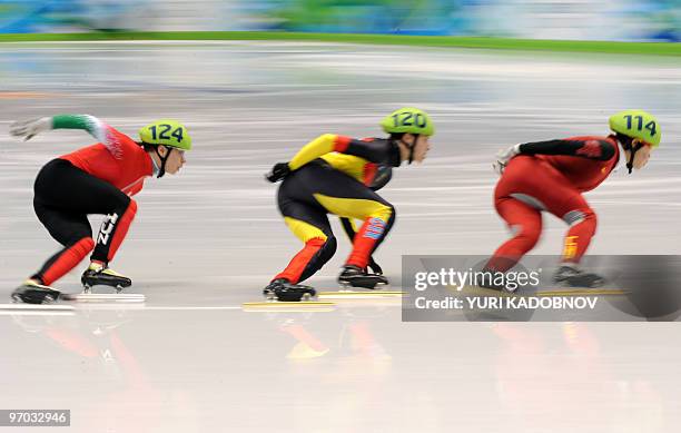 China's Yang Zhou , Germany's Aika Klein and Hungary's Erika Huszar compete in the Women's Short Track Speedskating 1000m heats at the Pacific...