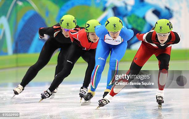 Jessica Gregg of Canada leads Arianna Fontana of Italy, Veronika Windisch of Austria and Evgeniya Radanova of Bulgaria in the Short Track Speed...