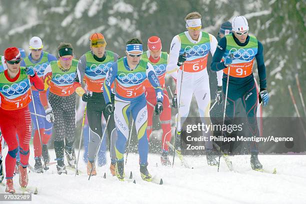 Jean Marc Gaillard of France, Martin Johnsrud Sundby of Norway, Daniel Richardsson of Sweden during the Men's Cross Country Skiing 4x10km Relay on...