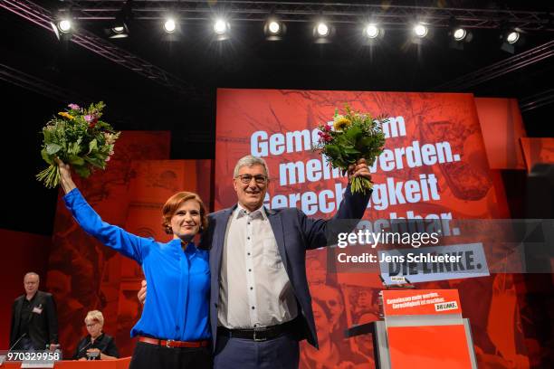 Katja Kipping, co-leader of Die Linke, and Bernd Rixinger, co-leader of the Die Linke, react after their election as the new party chairman at the...