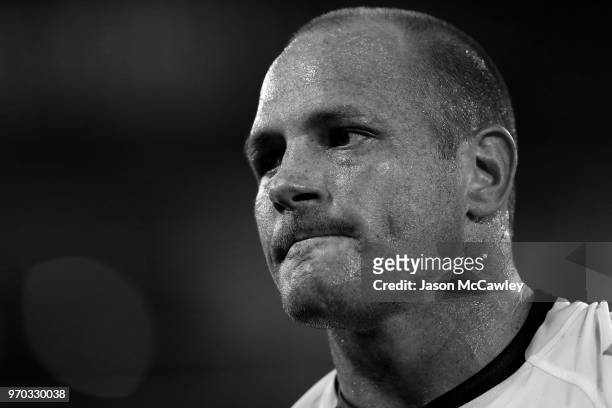 Matt Scott of the Cowboys looks on during the round 14 NRL match between the Parramatta Eels and the North Queensland Cowboys at TIO Stadium on June...