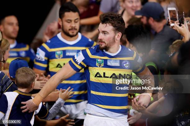 Clint Gutherson of the Eels takes to the field during the round 14 NRL match between the Parramatta Eels and the North Queensland Cowboys at TIO...