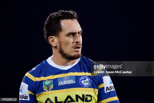 Brad Takairangi of the Eels looks on during the round 14 NRL match between the Parramatta Eels and the North Queensland Cowboys at TIO Stadium on...
