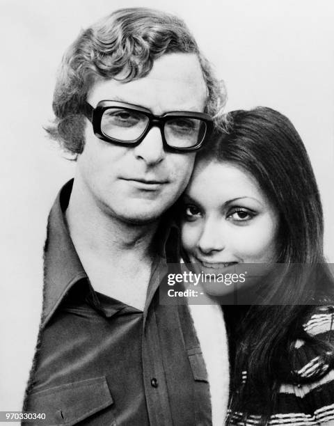 English actor Michael Caine poses with his wife actress and fashion model, Shakira Caine in February 1972 in Malta.