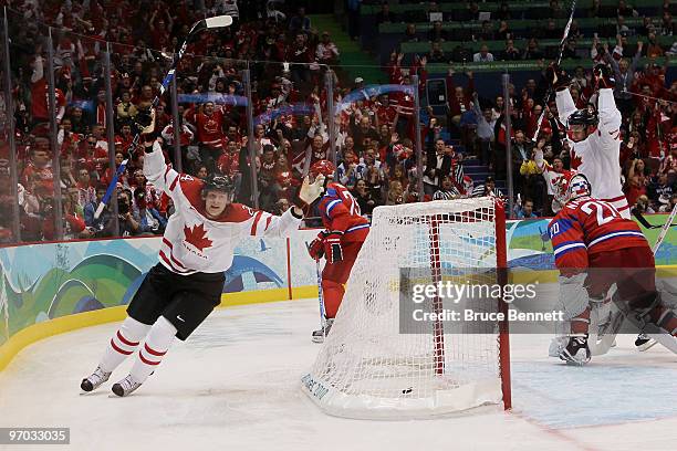 Corey Perry of Canada celebrates after a second period goal against Russia during the ice hockey men's quarter final game between Russia and Canada...
