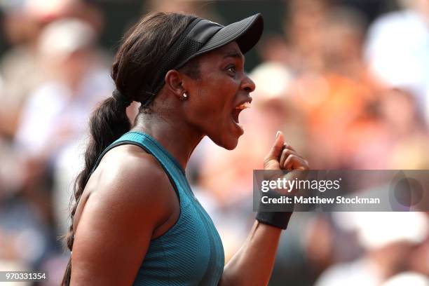 Sloane Stephens of The United States celebrates after winning the first set during the ladies singles final against Simona Halep of Romania during...