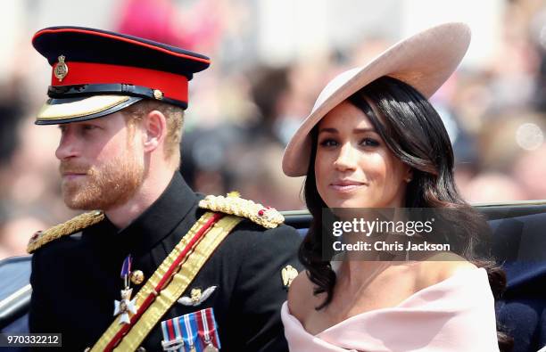Meghan, Duchess of Sussex and Prince Harry, Duke of Sussex during Trooping The Colour on the Mall on June 9, 2018 in London, England. The annual...