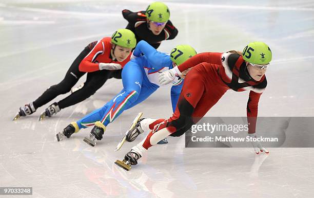 Jessica Gregg of Canada leads Arianna Fontana of Italy, Veronika Windisch of Austria and Evgeniya Radanova of Bulgaria in the Short Track Speed...