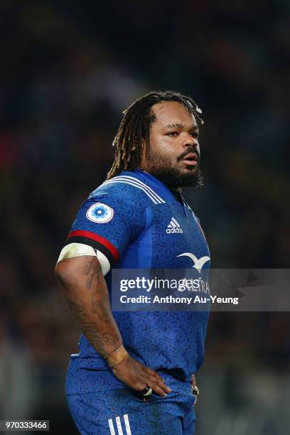 Mathieu Bastereaud of France looks on during the International Test match between the New Zealand All Blacks and France at Eden Park on June 9, 2018...