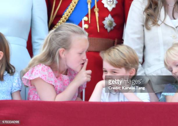 Savannah Phillips and Prince George of Cambridge on the balcony of Buckingham Palace during Trooping The Colour 2018 at The Mall on June 9, 2018 in...