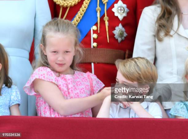 Savannah Phillips and Prince George of Cambridge on the balcony of Buckingham Palace during Trooping The Colour 2018 at The Mall on June 9, 2018 in...