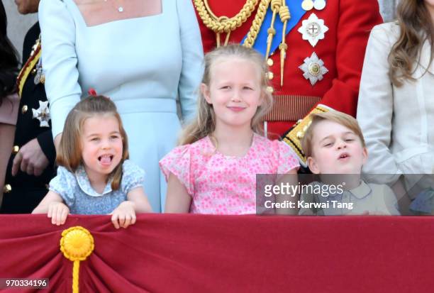 Princess Charlotte of Cambridge, Savannah Phillips and Prince George of Cambridge on the balcony of Buckingham Palace during Trooping The Colour 2018...