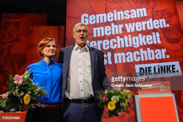 Katja Kipping, co-leader of Die Linke, and Bernd Rixinger, co-leader of the Die Linke, react after their election as the new party chairman at the...