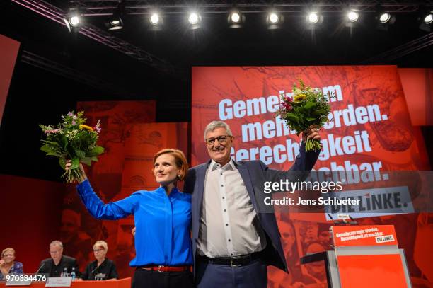 Katja Kipping, co-leader of Die Linke, and Bernd Rixinger, co-leader of the Die Linke, react after their election as the new party chairman at the...