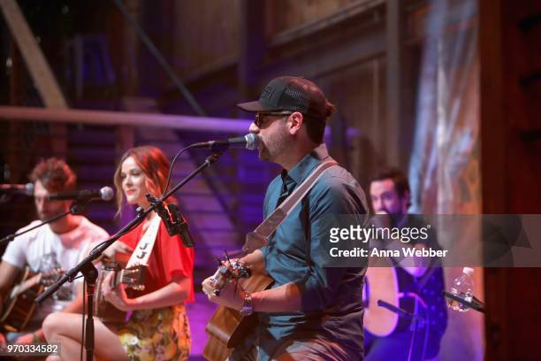 Songwriters Ryan Hurd, Jillian Jacqueline and Chris DeStefano perform onstage for the ASCAP Writers Round in the HGTV Lodge at CMA Music Fest on June...