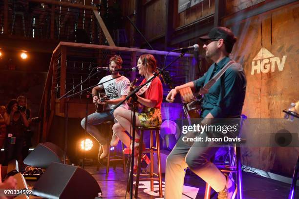 Songwriters Ryan Hurd, Jillian Jacqueline and Chris DeStefano perform onstage for the ASCAP Writers Round in the HGTV Lodge at CMA Music Fest on June...