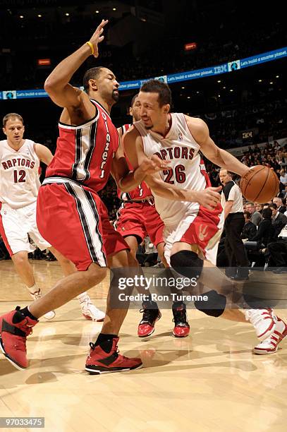 Hedo Turkoglu of the Toronto Raptors looks to drive past Juwan Howard of the Portland Trail Blazers during a game on February 24, 2010 at the Air...