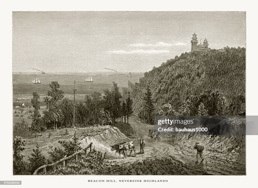 Beacon Hill, Shrewsbury River, The Neversink Highlands, New Jersey, United States, American Victorian Engraving, 1872
