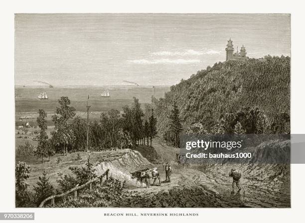 beacon hill, shrewsbury river, the neversink highlands, new jersey, united states, american victorian engraving, 1872 - beacon hill park stock illustrations