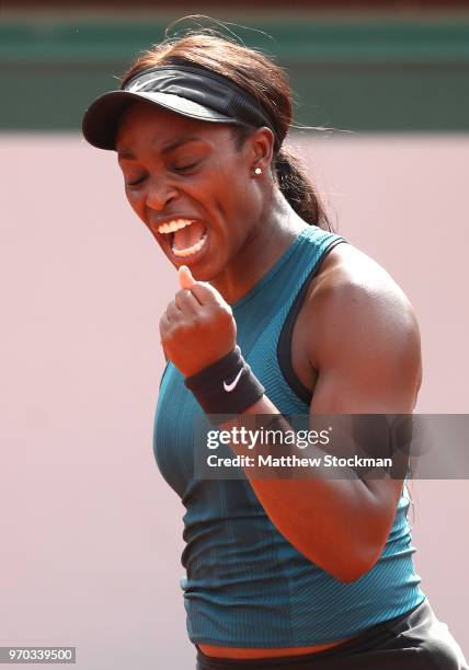 Sloane Stephens of The United States celebrates during the ladies singles final against Simona Halep of Romania during day fourteen of the 2018...