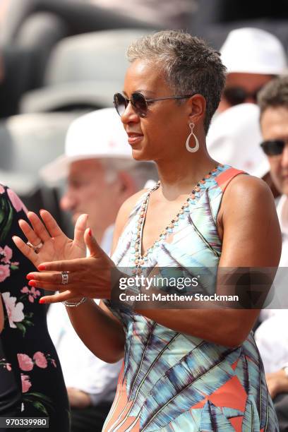 Sybil Smith, mother of Sloane Stephens of The United States watches on from the stands during the ladies singles final between Sloane Stephens of The...