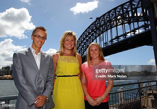 Jared Tallent, Dani Samuels and Sally McLellan of the Australian Flame pose for portraits during the John Landy Lunch and Media conference at Waters...