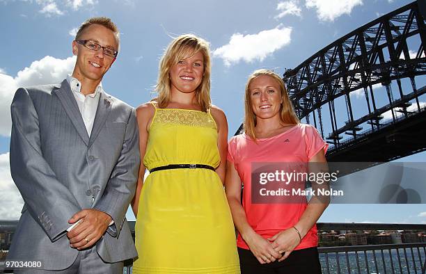 Jared Tallent, Dani Samuels and Sally McLellan of the Australian Flame pose for portraits during the John Landy Lunch and Media conference at Waters...