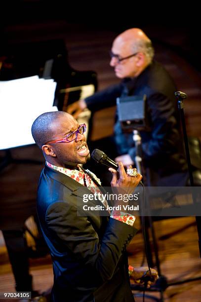 David McAlmont and Michael Nyman perform on stage at Palau De La Musica on February 24, 2010 in Barcelona, Spain.
