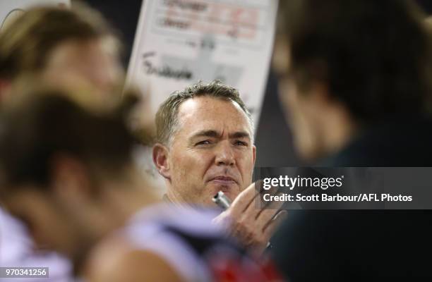 Alan Richardson, coach of the Saints speaks to his team during a quarter time break during the round 12 AFL match between the St Kilda Saints and the...