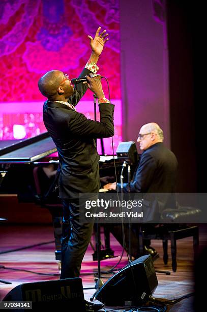 David McAlmont and Michael Nyman perform on stage at Palau De La Musica on February 24, 2010 in Barcelona, Spain.