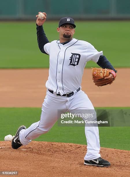 Joel Zumaya of the Detroit Tigers pitches during spring training workouts at Joker Marchant Stadium on February 24, 2010 in Lakeland, Florida.