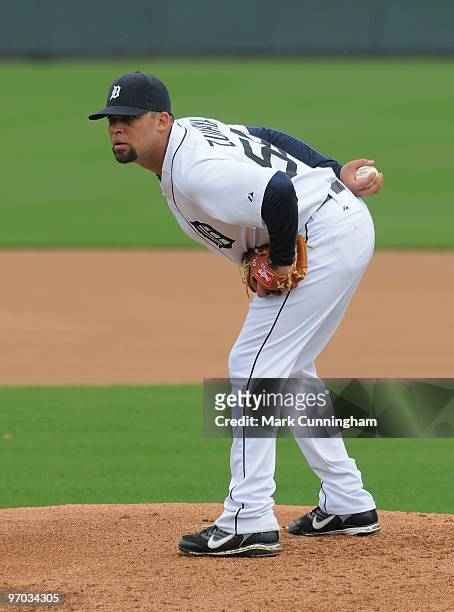 Joel Zumaya of the Detroit Tigers pitches during spring training workouts at Joker Marchant Stadium on February 24, 2010 in Lakeland, Florida.