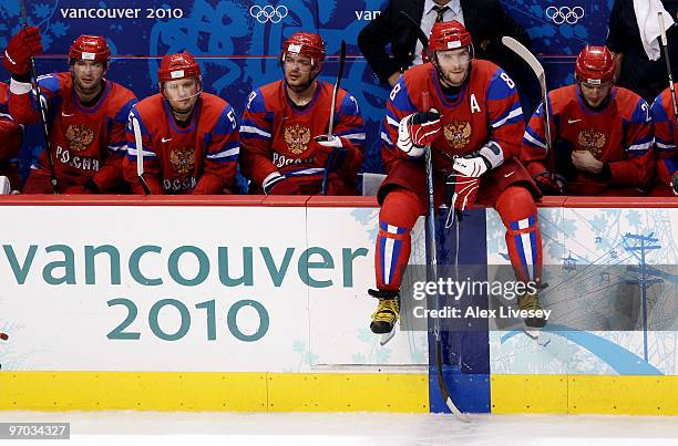 Alexander Ovechkin of Russia looks on from the bench against Canada during the ice hockey men's quarter final game between Russia and Canada on day...