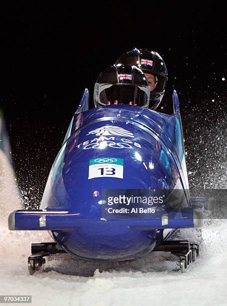 Kelly Thomas and Paula Walker of Great Britain and Northern Ireland compete in Great Britain 2 during the womens bobsleigh on day 13 of the 2010...