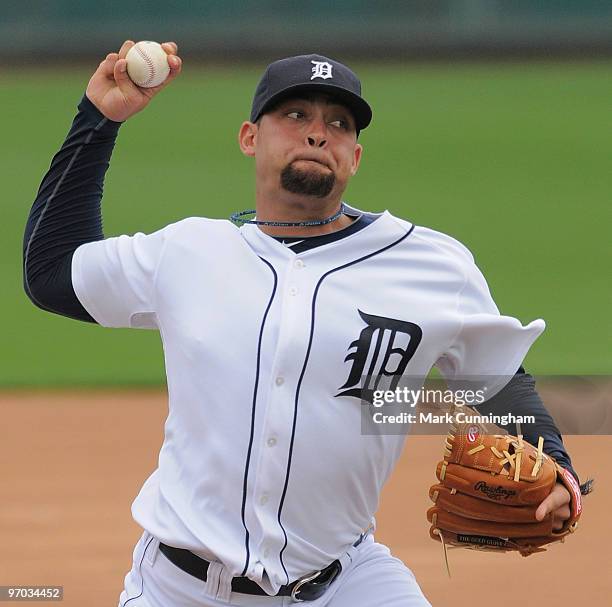 Joel Zumaya of the Detroit Tigers pitches during spring training workouts at Joker Marchant Stadium on February 24, 2010 in Lakeland, Florida.