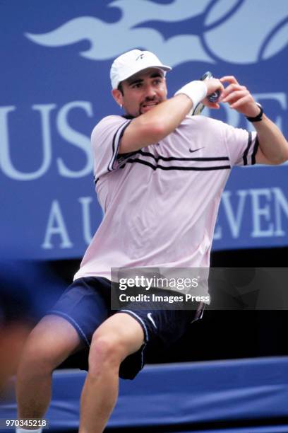 Andre Agassi plays tennis at the US Open circa September 1997 in New York City.