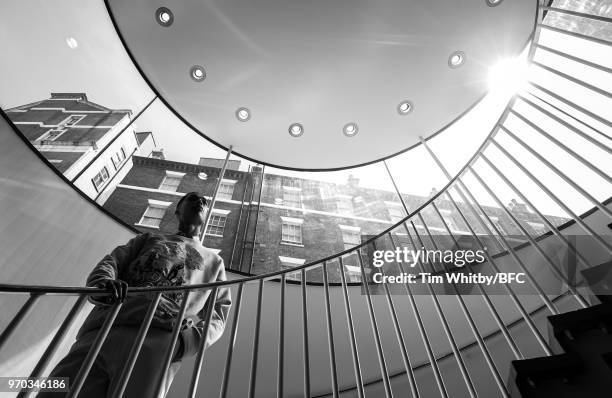 Model backstage at the E. Tautz presentation during London Fashion Week Men's June 2018 at the Congress Centre on June 9, 2018 in London, England.