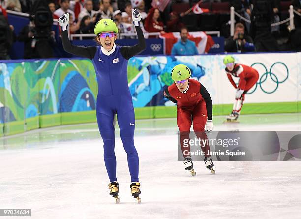 Park Seung-Hi of South Korea crosses the finish line first, before being disqualified in the Short Track Speed Skating Ladies' 3000m relay finals on...