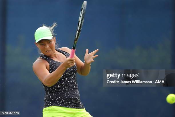 Tara Moore of Great Britian during Day 1 of the Nature Valley open at Nottingham Tennis Centre on June 9, 2018 in Nottingham, England.