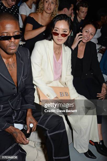 Vas J Morgan, Betty Bachz and Caroline Rush attend the Oliver Spencer Catwalk Show SS 2019 during London Fashion Week Men's June 2018 at 180 The...